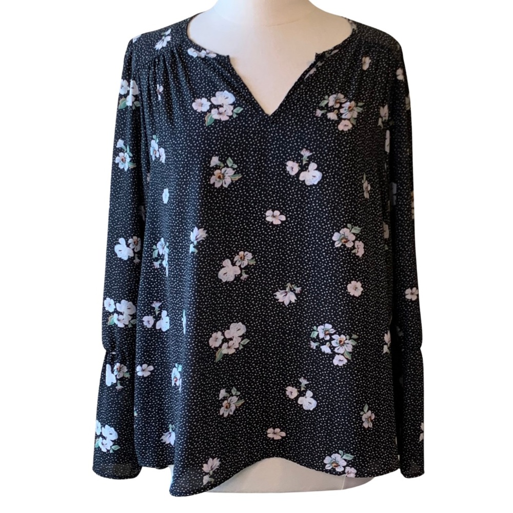 RENEE C. Black Floral Blouse Size Large Split Neck Wide Sleeves EVEREVE